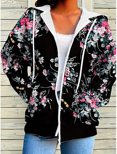  Dames Hoodies met rits Lapwerk Vetoketju Zak Bloemig Grafisch Modieus Casual Lange mouw Capuchon Normale tops Straat Dagelijks gebruik Zwart Lente Herfst