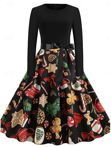  חג המולד בגדי ריקוד נשים שמלת מיני שמלה עם כיווץ במותן יום יומי יומי רגיל פרחוני גראפי קולור בלוק שרוול ארוך צווארון עגול קצר נייבי שחור אודם כחול רויאל אביב סתיו חורף
