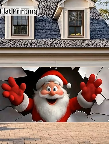  Weihnachts-Garagentorabdeckung, Weihnachtsmann, der durch die Wand bricht, große hängende Kulisse für den Außenbereich, Urlaubswandbanner, Hof, Zuhause, festliche 3D-Partydekoration, saisonale