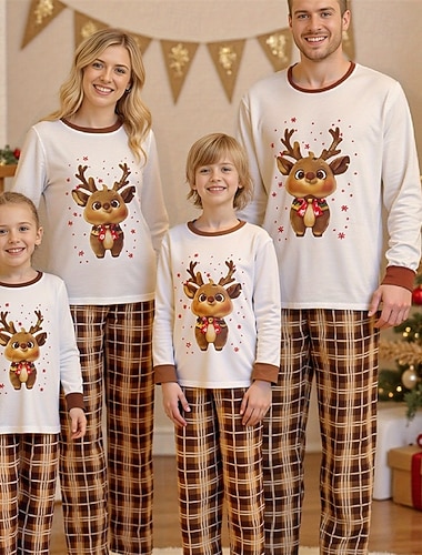  Famiglia Natale Pigiama di Natale per Famiglia Pigiama Set famiglia Grafico Plaid Cervo Casa Stampato Marrone Manica Lunga Quotidiano Abiti coordinati