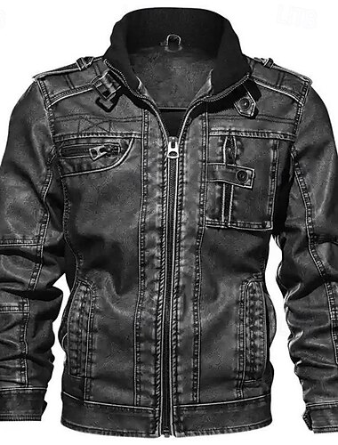  Homme Veste en Similicuir Veste Cargo Veste Décontractée Blouson de Moto Vacances Quotidien Chaud Avec Poches Hiver Uni Mode Classique Col montant Régulier Noir Marron Kaki Veste