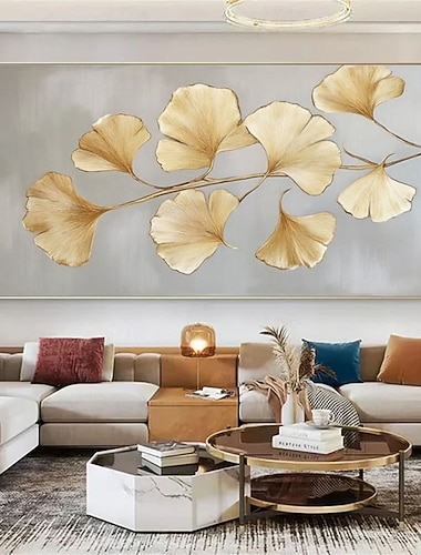  Handgemaltes Ölgemälde mit goldenen Ginkgoblättern auf Leinwand, handbemaltes metallisch schimmerndes florales Wandbild, abstraktes Blattdesign, luxuriöse Wohndekoration, moderne Leinwanddekoration