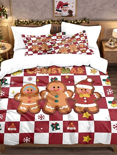  Juego de edredón de 3 piezas con estampado de hombre de jengibre navideño, ropa de cama cómoda para hotel o dormitorio, incluye 1 funda nórdica + 2 fundas de almohada, cama tamaño queen, suave y