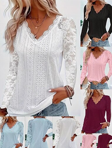  Damen Oberteil mit Spitzenspleiß Bluse Einfach Vintage Stilvoll Langarm V Ausschnitt Normale Oberteile Täglich Ferien Ausgehen Spitze Gerafft Patchwork Weiß Rosa Wein Blau Frühling Herbst Winter