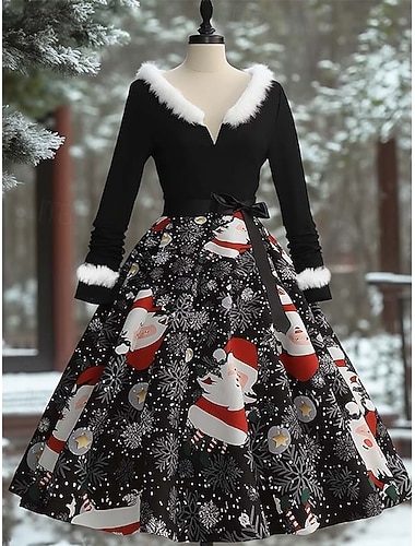  Julekvinne Santa Claus Kne Lengde Kjole Vinter Kjole Cocktail Kjole A-linje Kjole Elegant Bohemia Søt Hjem Fest Nyttår Grafisk Claus V-hals Svart Og Hvit (Belte ikke inkludert)