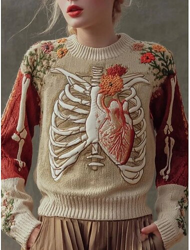  Sweter dla kobiet uroczy streetwear casualowy grafika czaszki okrągły dekolt patchwork dziany długi rękaw regularne topy dzianina biała niebieska jesień zima