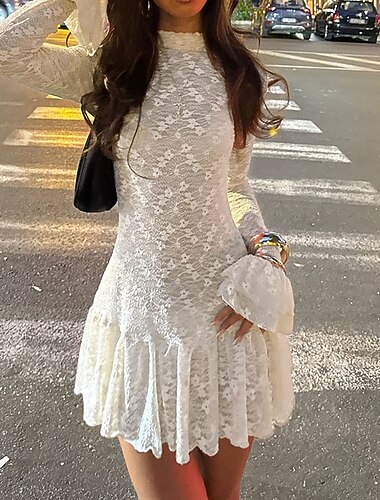  Жен. Мини-платье Белое платье Кружевное платье Элегантный стиль Мода Современное Повседневные На выход выходные Стандартный Полотняное плетение Длинный рукав Вырез под горло Бежевый Весна Осень