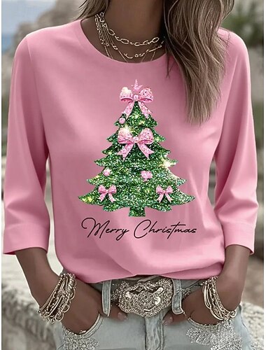  Natale Per donna Maglietta Babbo Natale Fiocco di neve Vintage Elegante Classico Manica Lunga Girocollo Top Regolari Weekend Stampato Nero Bianco Rosa Rosso Verde Inverno