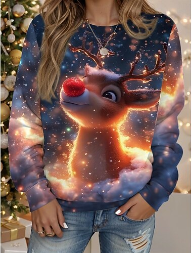  Dame Genser med genser Grafisk Dyr Reinsdyr Fritid Langermet Crew-hals Vanlige topper Gate Avslappet Ferie Trykt mønster Blå Mørkegrønn Mørkeblå Vår Høst Vinter