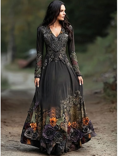 女性用 マキシドレス A ラインドレス プリーツドレス フィット＆フレアドレス ボヘミアン デート レギュラー フラワー グラフィック 長袖 Ｖネック ブラック 春 秋 冬