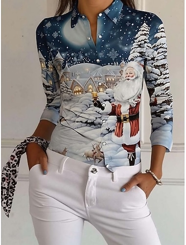  Natal Mulheres Camiseta Papai Noel Árvore de Natal Blusa Gráfica Xadrez Poá Vintage Tropical Estilosa Manga Longa Tops de Colarinho Convidada de Casamento Trabalho Festa Roupa de Noite Impressão