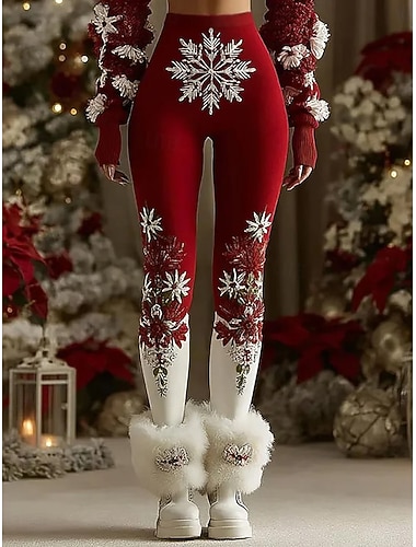  בגדי ריקוד נשים חותלות חופשה וינטאג' אופנתי באורך מלא מותניים גבוהיםPantsחג המולד גראפי פתית שלג מדפיס שמור על חום הגוף רך נושם סטרצ'י (נמתח) רשמי בָּחוּץ חופשה לבן אדום לבן אודם אדום / לבן