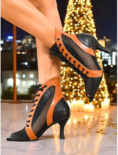  Zwarte en bruine veterschoenen met peep toe voor dames - enkellaarsjes met hoge hak voor professionele ballroom &feestoptredens