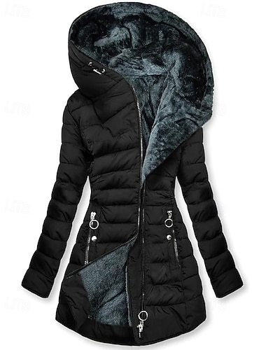  Жен. Зимнее пальто Парка Сохраняет тепло Удобный Молния Карман На каждый день Полотняное плетение Отпуск На каждый день На выход Длинная Капюшон Стандартный Длинный рукав Верхняя одежда