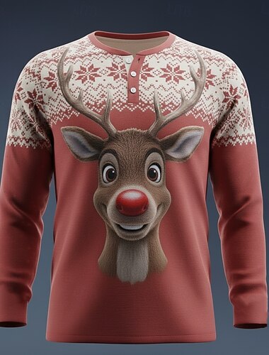  Miesten Christmas Poro T-paita Henley-paita Pitkähihainen Muoti söpö tyyli Päivittäin Kausaliteetti Pyhäpäivä Bile 봄 & Syksy Punainen Henley Henley T-paita