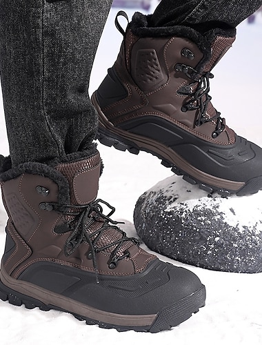  stivali da neve impermeabili da uomo marroni con calda fodera in pile e suola antiscivolo, scarponi da trekking invernali per climi freddi e terreni innevati