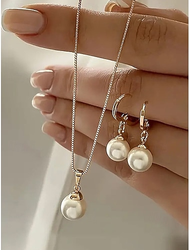  damski komplet naszyjnika i kolczyków ze sztucznych pereł ze złotymi akcentami, elegancka biżuteria świąteczna na przyjęcia świąteczne