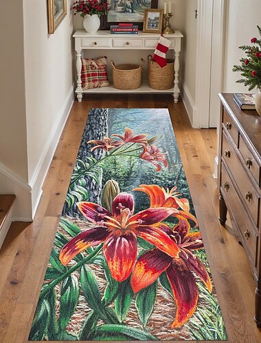  שטיח ריצה פרח לילי עבור ארוויזיה מטבח רך לא מחליק לשטיפת מכונה שטיח טבעי מזויף עם עיצוב פרח אדום כתום כניסה לילת התענגות על ידי דקוטה דייטווילר