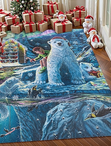  Weihnachtsbereichsteppich mit Eisbär für Wohnzimmer und Schlafzimmer Faux Cashmere Winterwald-Szenen Teppich weicher rutschfester maschinenwaschbarer Teppich Heiligabend in der Werkstatt von Dakota