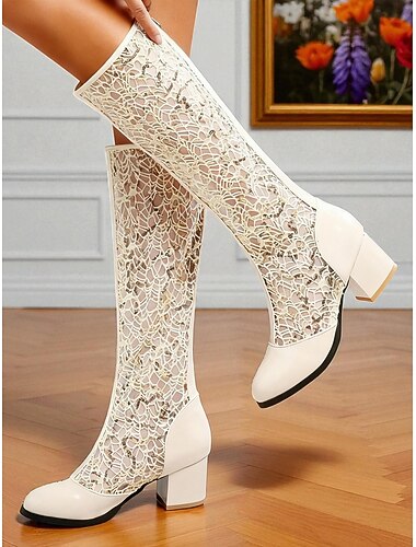  Blå damestøvler i blonde med blokhæl - elegante vintage retro-meshstøvler til bryllupper og fester &cosplay-kostumer