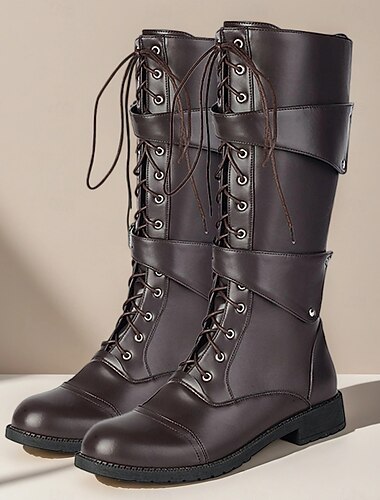  Botas masculinas góticas de couro sintético preto com cadarço e cano alto, com fivela, botas de combate vintage para palco e festa