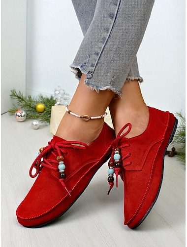  Rote Mokassin-Loafer für Damen mit Perlenschnürsenkeln – gemütliche Urlaubs-Slipper für Damen – ideal für Weihnachten, Winterkomfort und entspannte Tage