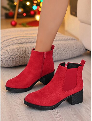  Rote Damenstiefeletten mit Reißverschluss – stylische Stiefeletten aus Wildlederimitat mit Blockabsatz für Weihnachten, das Büro und Freizeitausflüge