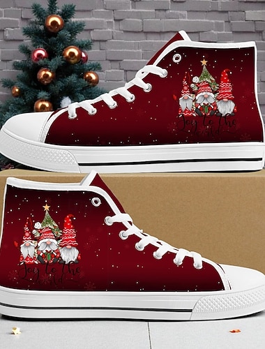 Женские рождественские кеды с веселыми гномами из парусины с высоким берцем - ярко-красные с очаровательными гномами, веселые и праздничные, идеально подходят для праздничных вечеринок, рождественских покупок и повседневных зимних дней   Женские рождественские кеды с веселыми гномами из парусины с высоким берцем - ярко-красные с очаровательными гномами, веселые и праздничные, идеально подходят для праздничных вечеринок, рождественских покупок и повседневных зимних дней