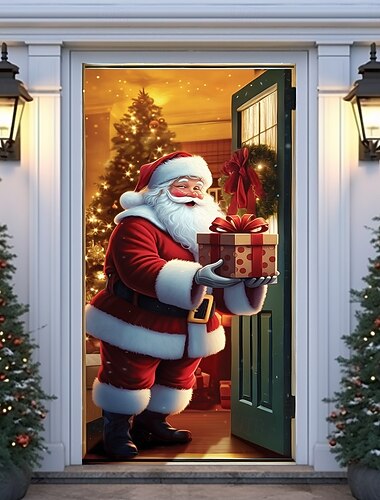 Couverture de porte de Noël avec le Père Noël livrant des cadeaux, rideau de porte de vacances 3D pour la décoration extérieure de la porte d'entrée, bannière de porche de Noël festive pour la   Couverture de porte de Noël avec le Père Noël livrant des cadeaux, rideau de porte de vacances 3D pour la décoration extérieure de la porte d'entrée, bannière de porche de Noël festive pour la