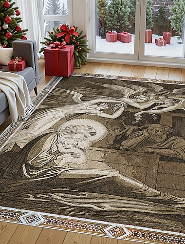  Krippenszene Weihnachtsbereichsteppich für Wohnzimmer und Schlafzimmer Faux Cashmere Jesus Geburtsteppich mit Maria Josef und Baby Jesus religiöse Weihnachtskunst weich rutschfest maschinenwaschbar