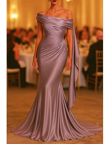  בתולת ים  חצוצרה עד הריצפה שמלות נשף שמלות ערב שמלת נשף לבוש רשמי אלגנטית ללא שרוולים כתפיה אחת חתונה רשמי שמלה ורודה סאטן נמתח עם קפלים