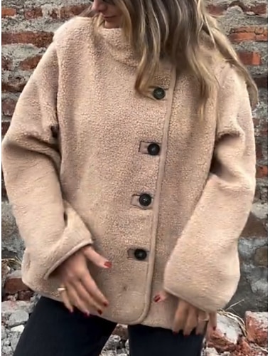 Damen Sherpa-Jacke Bequem Atmungsaktiv Tasche Knöpfe Lässig Einfach Urlaub Straße Lässig Alltagskleidung Einreihig Regulär Stehkragen Normale Passform Langarm Oberbekleidung Schwarz Grün Khaki