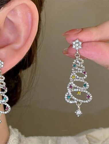1 par de pendientes de árbol de Navidad con diamantes de imitación y cinta de aleación con piedras preciosas multicolores bañadas en UV, pendientes festivos de moda para mujer, perfectos para uso   1 par de pendientes de árbol de Navidad con diamantes de imitación y cinta de aleación con piedras preciosas multicolores bañadas en UV, pendientes festivos de moda para mujer, perfectos para uso
