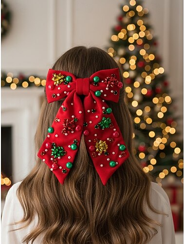  Weihnachtshaarschleife aus rotem Samt für Damen mit Glitzer- und Perlenverzierungen – festliches Haaraccessoire für Weihnachtsfeiern und Winterfeste