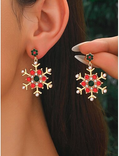  Julesnøfnuggøredobber til dame – legering og imiterte perler, festlige røde, grønne og klare steiner, perfekt til høytidsfester og gaver