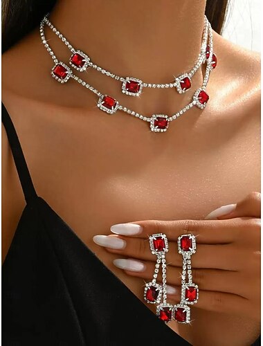  smaragdgrønt smykkesett med strass til julefest, elegant dobbeltlags krystallkjede og lange øredobber til høytidsfeiringer &formelle kvelder