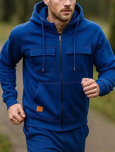  Męskie Kurtka z kapturem Bluza zapinana na pełny zamek Workowaty Z kieszeniami Długi rękaw Top Athleisure Solidne kolory Siłownia Piesze wycieczki Trening Odzież sportowa Odzież sportowa Ciemnoszary
