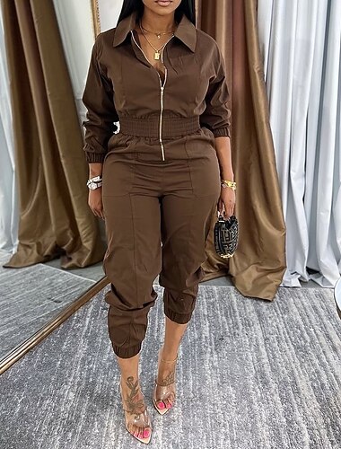 Damen Overall Aktiv Einfarbig Langarm Cargo-Hosen Hemdkragen Reißverschluss Tasche Urlaub Täglich Normale Passform Schwarz Armeegrün Blau Herbst   Damen Overall Aktiv Einfarbig Langarm Cargo-Hosen Hemdkragen Reißverschluss Tasche Urlaub Täglich Normale Passform Schwarz Armeegrün Blau Herbst