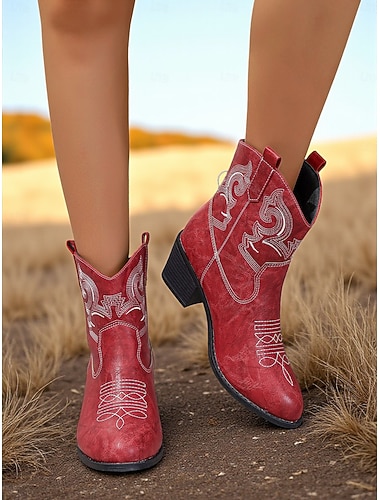 Rote Western-Cowboy-Stiefeletten aus Kunstleder für Damen mit gestickten Nähten, klobige Rodeo-Stiefeletten mit niedrigem Absatz für lässige Outfits &Country-Konzerte
