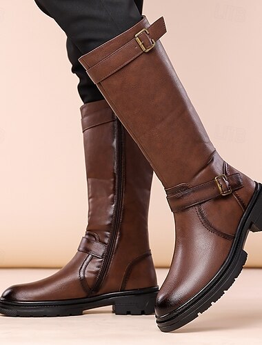  Botas de montaria masculinas de couro sintético marrom até o joelho com tira de fivela, botas de cano alto vintage para equitação, para moda e fantasias