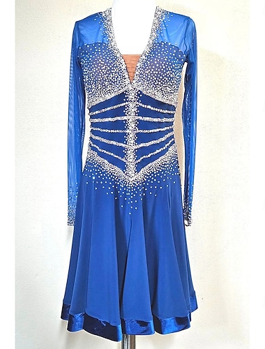  Robe de danse de salon pour femme, bleu roi, strass, manches longues, valse, foxtrot, quickstep, compétition