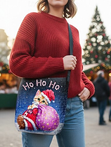  Juleveske til dame – med Kayomi Harais søte kattedesign med ho ho ho-tekst, mykt polyesterstoff, justerbar stropp, ideell for julehandel, gaver og vinterfestligheter