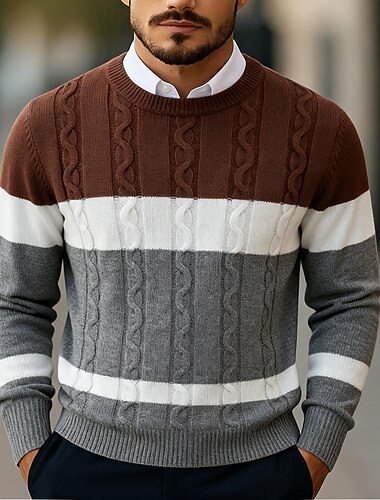  Per uomo Felpa Maglione elegante Maglione Maglione a maglia A Coste Treccia Maglia Top Regolari Blocco di colore Lavorato a maglia A righe Girocollo Vintage Moderno Casuale Abbigliamento quotidiano