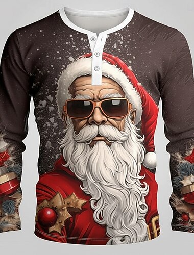 Муж. Новогодняя тематика Дед Мороз Рубашка Хенли Длинный рукав Мода Симпатичные Стиль Повседневные Повседневные Праздники На выход Зима Весна & осень Кофейный Хенли Футболка Хенли