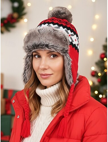  قبعة نسائية بنمط جزيرة عيد الميلاد العادلة مع بطانة من الفرو الصناعي، بألوان متعددة، مثالية لأزياء الشتاء وهدايا العطلات