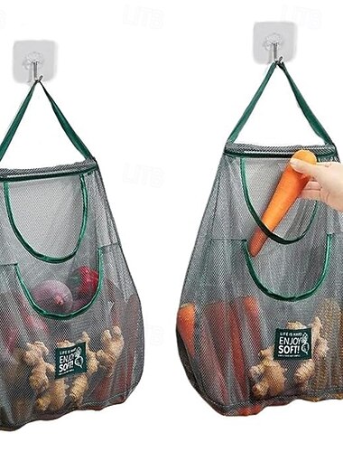  kaksinkertainen suuri riippuva verkkosäilytyspussi keittiön vihanneksille seinälle kiinnitettävä sipuli-valkosipulijärjestelijäpussi kahvoilla hengittävä monikäyttöinen verkkopussi