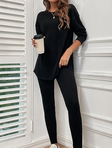  Γυναικεία Πυτζάμες Σαλόνια Σετ Πυτζάμες Καθημερινό Μονόχρωμες Ελαστική μέση Παντελόνι Σπίτι Καθημερινά Κρεβάτι Μακρυμάνικο Στρογγυλή Ψηλή Λαιμόκοψη Μαύρο Βαθυγάλαζο Φούξια Πορτοκαλί Καφέ