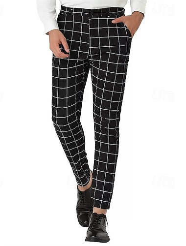  Herren Hose Anzughose Chinos Tasche Knöpfe Karomuster Komfort Formell Party Arbeit Mode Klassicher Stil Schwarz Wein Mikroelastisch