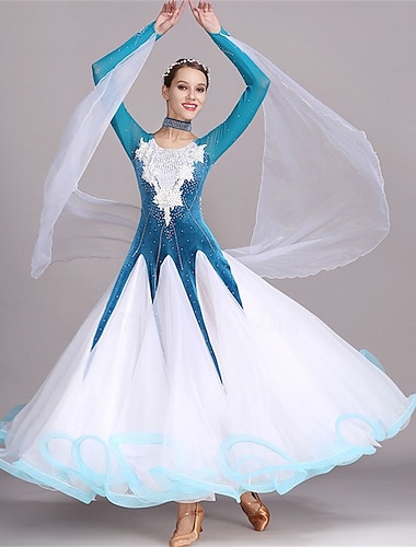  Ballsaal-Tanzkleid für Damen, eisblau und weiß, Kristall-Strass-Organza, elegantes Walzer-Foxtrott-Wettbewerbskleid