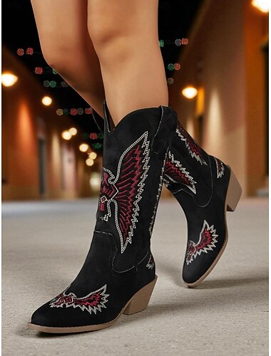  Botas de cowboy femininas bordadas em camurça verde com salto grosso - botas de cowboy estilo boho da moda para festivais de Natal, streetwear e eventos casuais